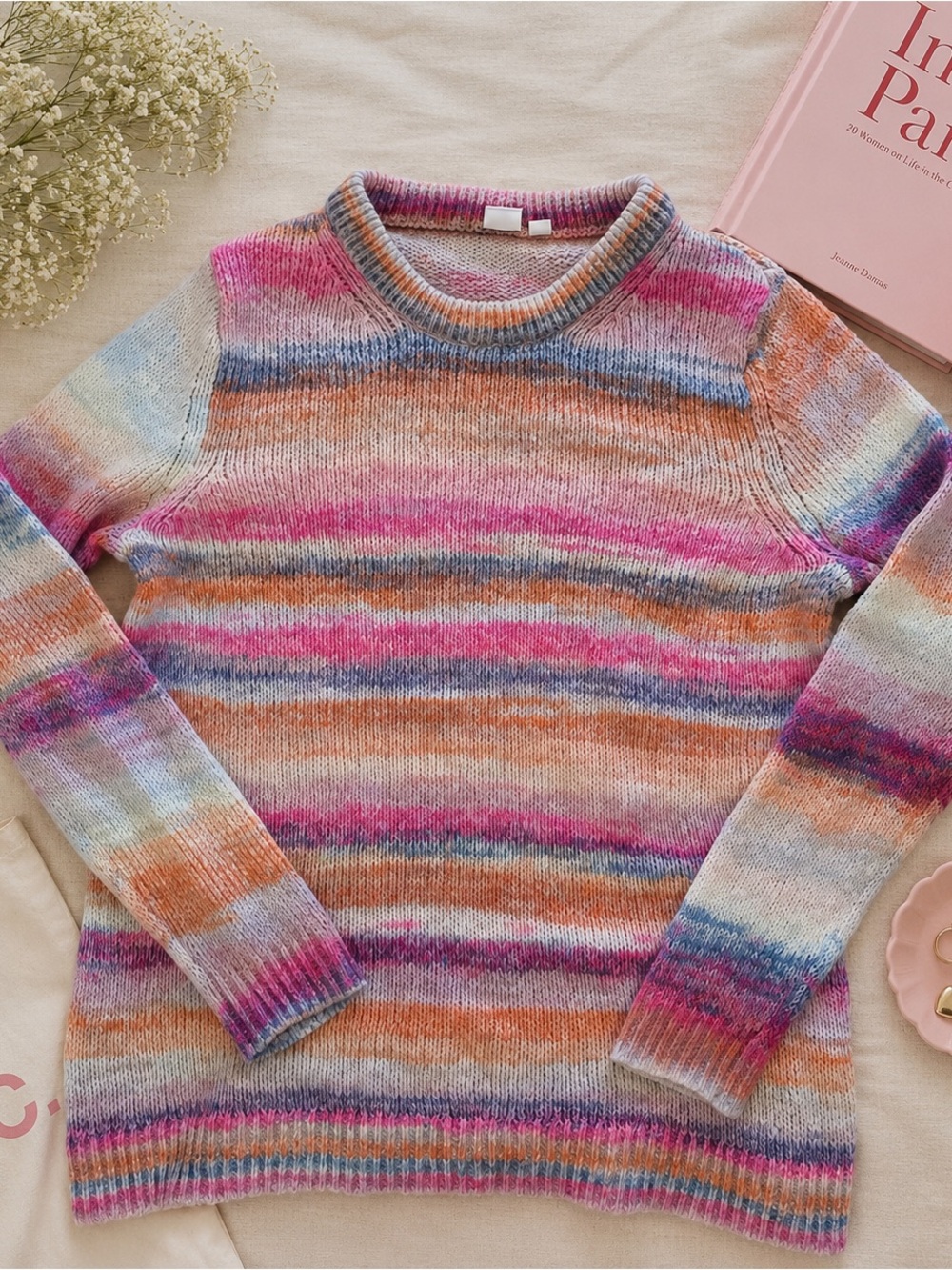 GAP Pastel Rainbow Striped Fuzzy Knit Sweater L Cozy Soft Crewneck